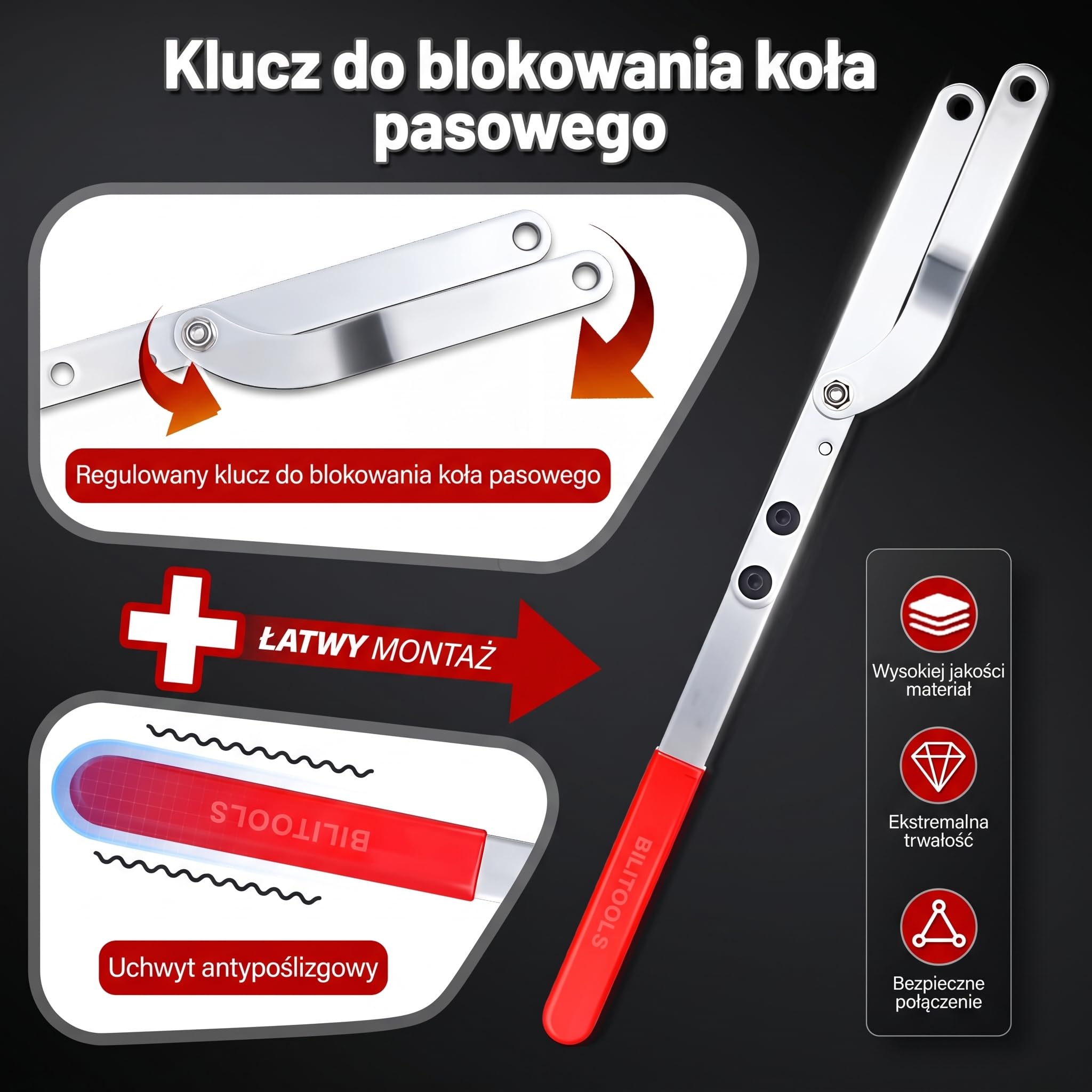 BILITOOLS Uniwersalny zestaw uchwytów do kół pasowych – regulowany klucz mocujący ze sworzniem stopniowym do wałków rozrządu, wałów korbowych i klinowych kół pasowych wielorowkowych