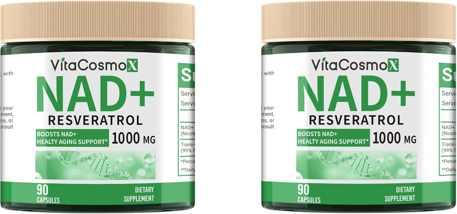 NAD+ Nicotinamide Riboside Resveratrol Supplement, 1000 mg, 90 Capsules Vegan Non-GMO - 2 Packs