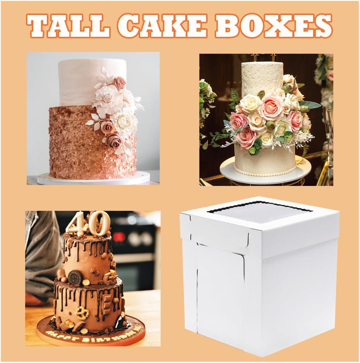 JJO Tall Cake Boxes for Tier Cakes, 10 Pack 12x12x12 Inch,White Cake Boxes with Window,Sturdy Tall Cake Carrier, Disposable Cake Containers