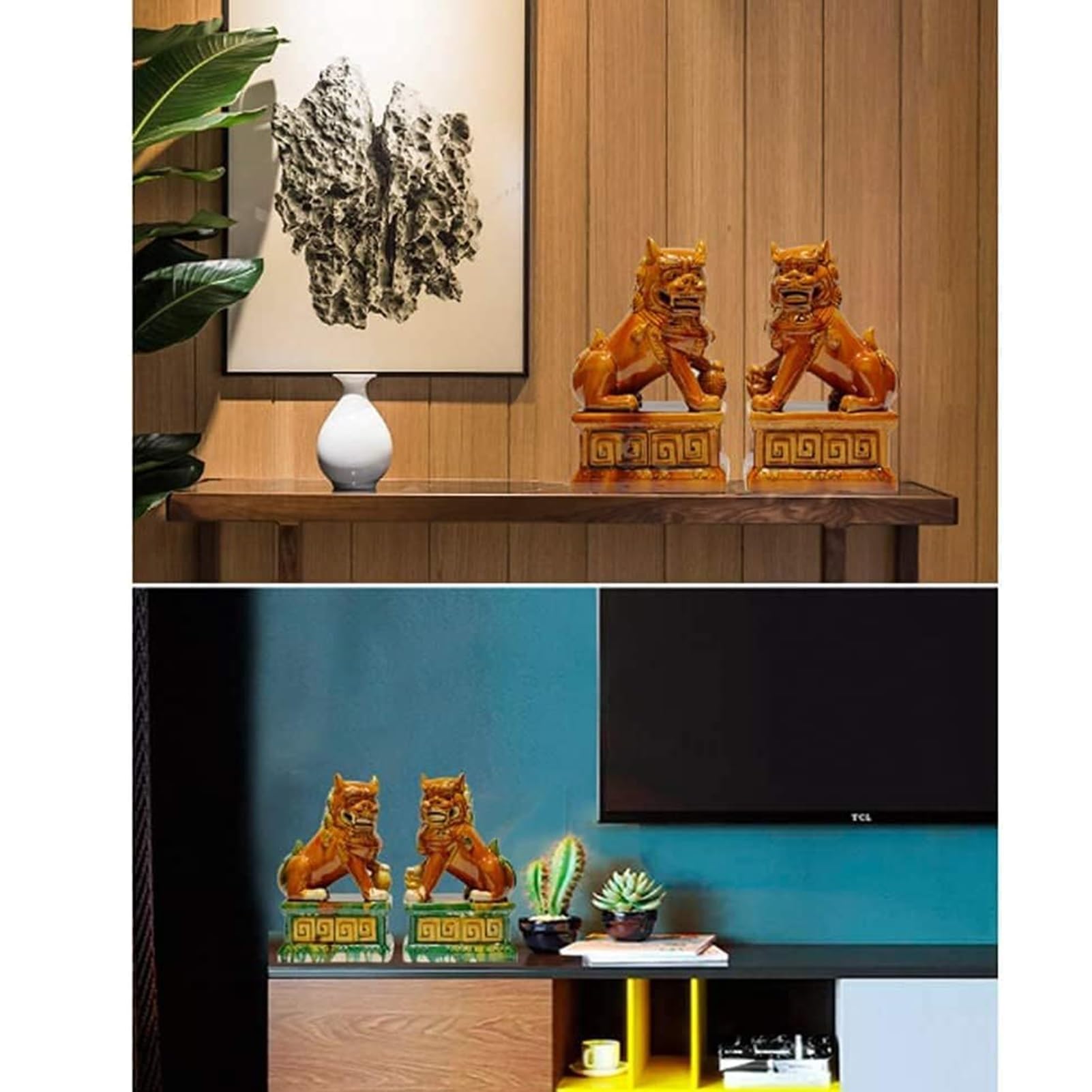 Zewnętrzny posąg ogrodowy - Feng Shui szczęśliwy posąg Para psów Fu Foo, tradycyjna chińska rzeźba strażnika lwa, z kamiennym wykończeniem Feng Shui Decor
