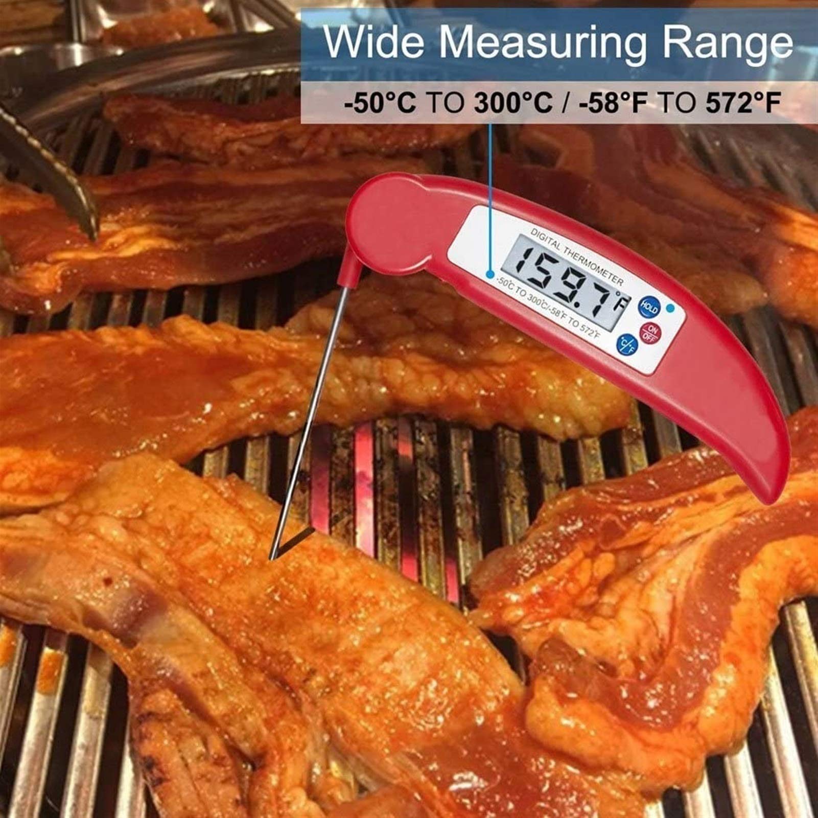 Termómetro de Cocina, Termómetro de Carne para cocinar, Rápido y preciso Termómetro de Alimentos Digitales Termómetro de sonda Plegable