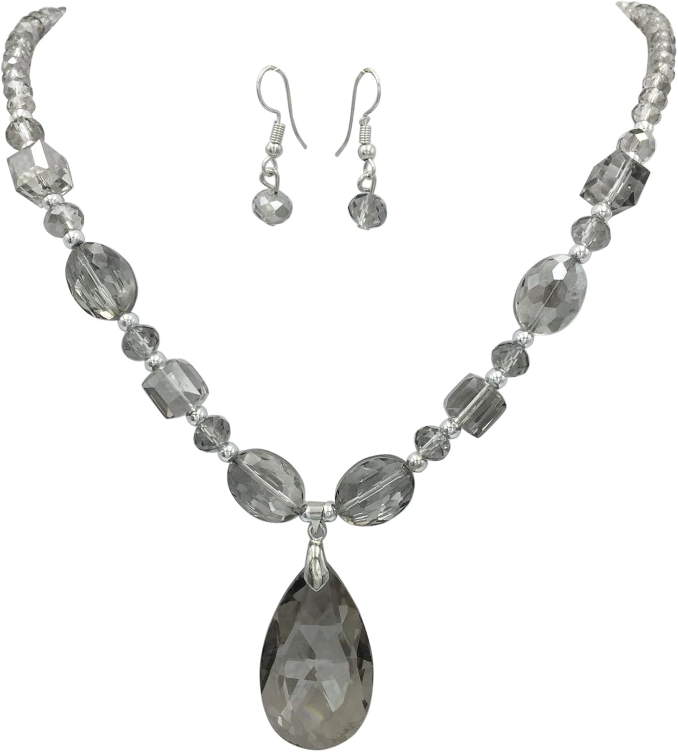 Gypsy Jewels All Glass Simple Beaded Teardrop Dangle Statement Necklace Earrings Set (Light Grey)