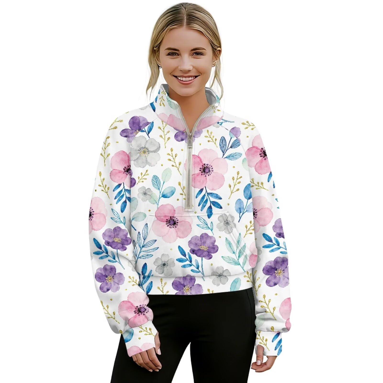 Poceacles Sudaderas cortas para mujer, media cremallera, sudaderas de gran tamaño, sudaderas de moda con cuello alto falso