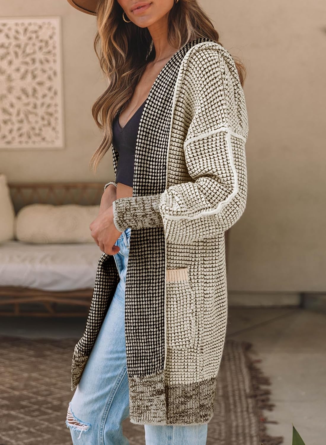 Sidefeel Women's Cardigan Sweaters Hooded Oversized Open Front Chunky Knit Plaid Sweater Coat Fall Fashion Tops - Image 3