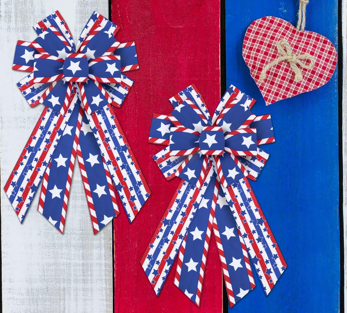 Large 4th of July Bow for Wreath, Patriotic Wreath Bow Red Blue Star Bows for Front Door Independence Day Indoor Outdoor Tree Topper Decoration Supplies Ornament