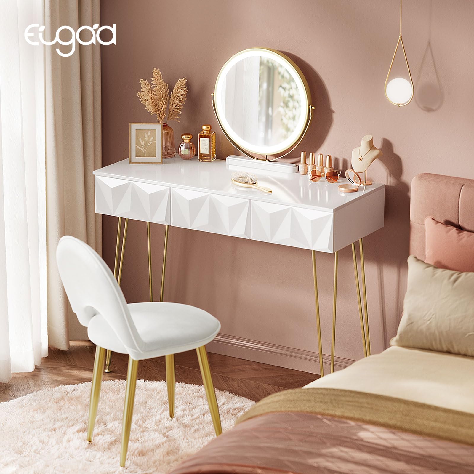 EUGAD Toeletta da Trucco con Luci LED, Luminosità Regolabile, Postazione da Trucco con Sedia in Velluto, con 3 Cassetti, Assemblaggio facile, Bianco e Dorato