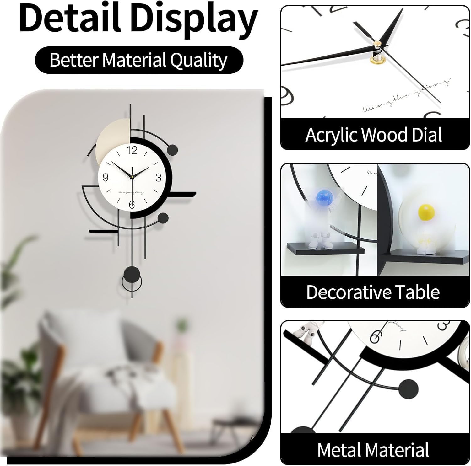 Große Moderne Wanduhr, Lautlos Dekorative Wall Clock Ohne Tickgeräusche mit Pendel, Minimalistisches Wanduhren mit Pendel, Metallrahmen, für Wohnzimmer Flur Schlafzimmer Büro Küche, 70 * 38cm
