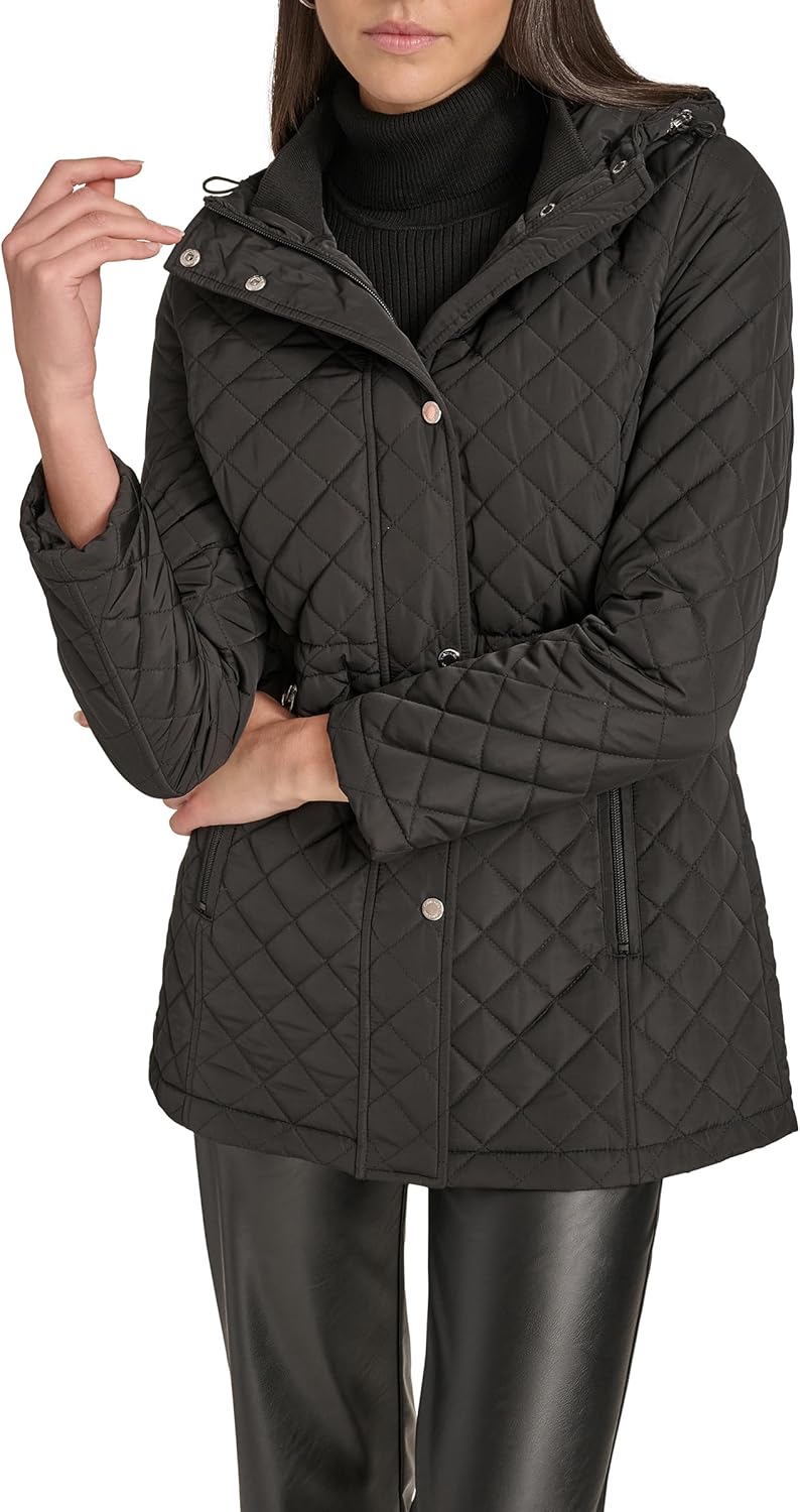 Calvin Klein Women's Hooded Quilted Jacket – Classic Diamond Stitch Long Coat With Pockets