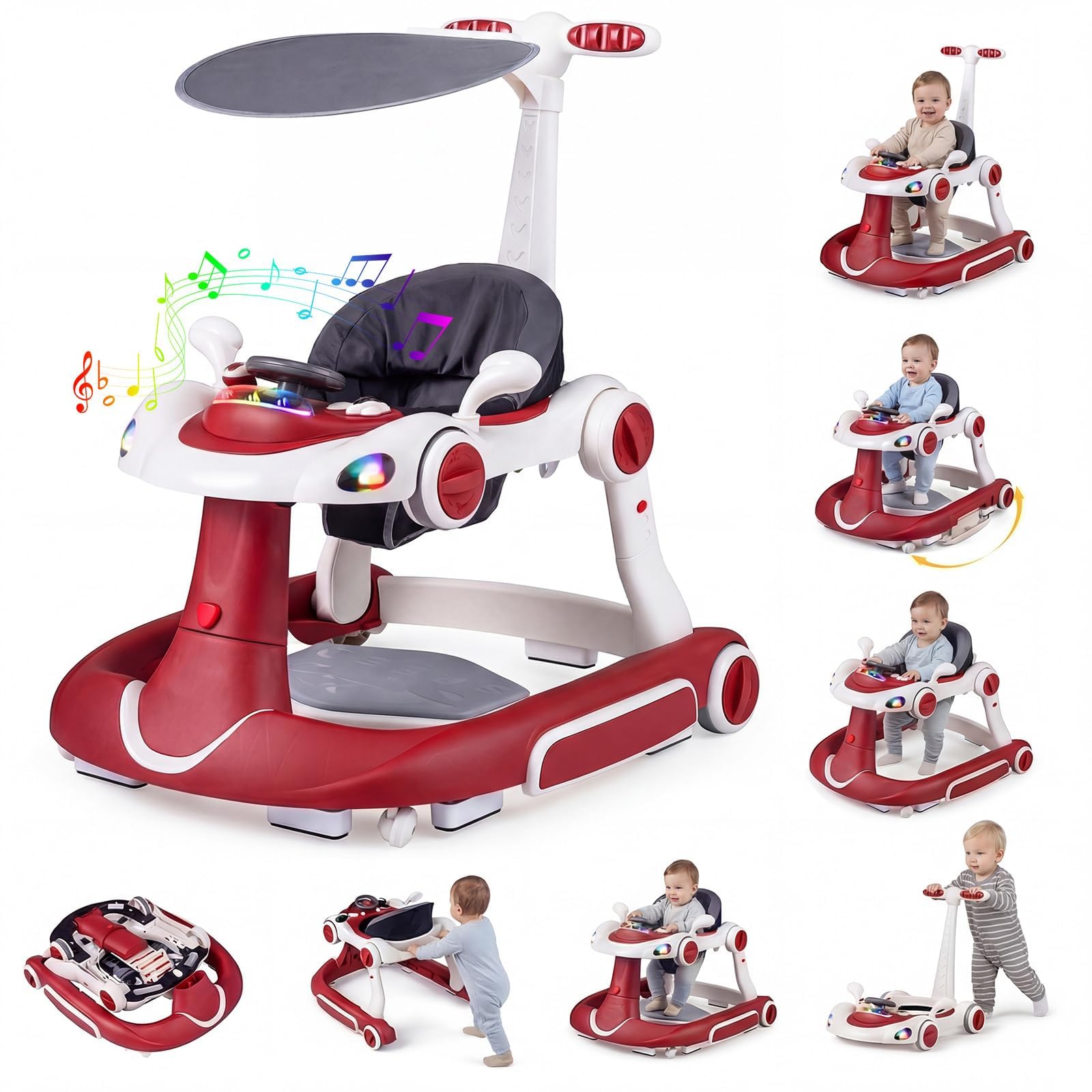 FANTASK 7 in 1 Lauflernhilfe mit abnehmbarem Verdeck, Lauflernwagen höhenverstellbar mit Spielboard, Musik, Licht & Rädern, Gehfrei mit einstellbarer Geschwindigkeit für Baby ab 6 Monaten (Weinrot)