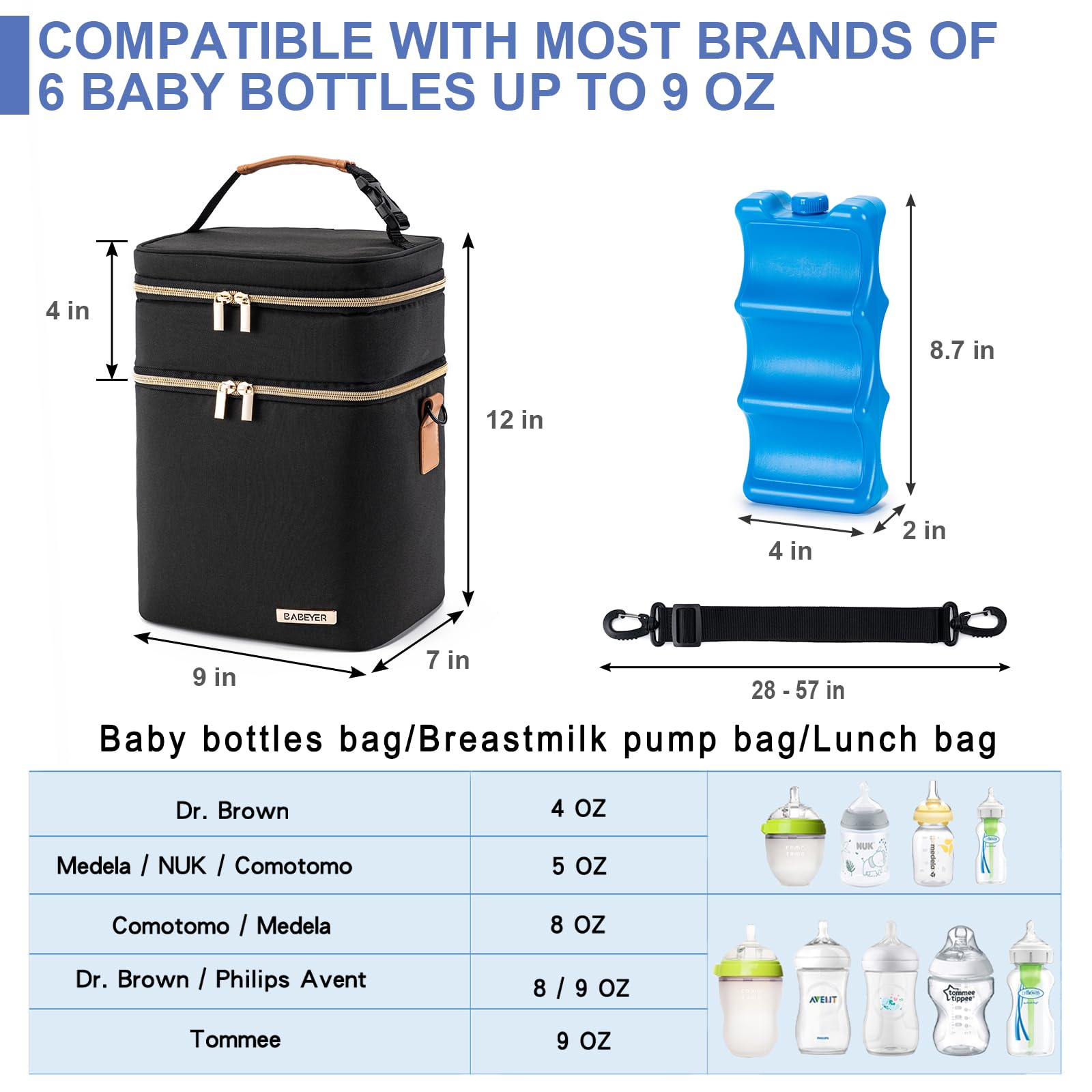 Muttermilch-Kühltasche mit Eisbeutel für 6 Babyflaschen bis zu 9 Unzen, auslaufsichere Doppelstock-Babyflaschen-Tasche mit Schulterriemen für stillende und arbeitende Mütter, schwarz