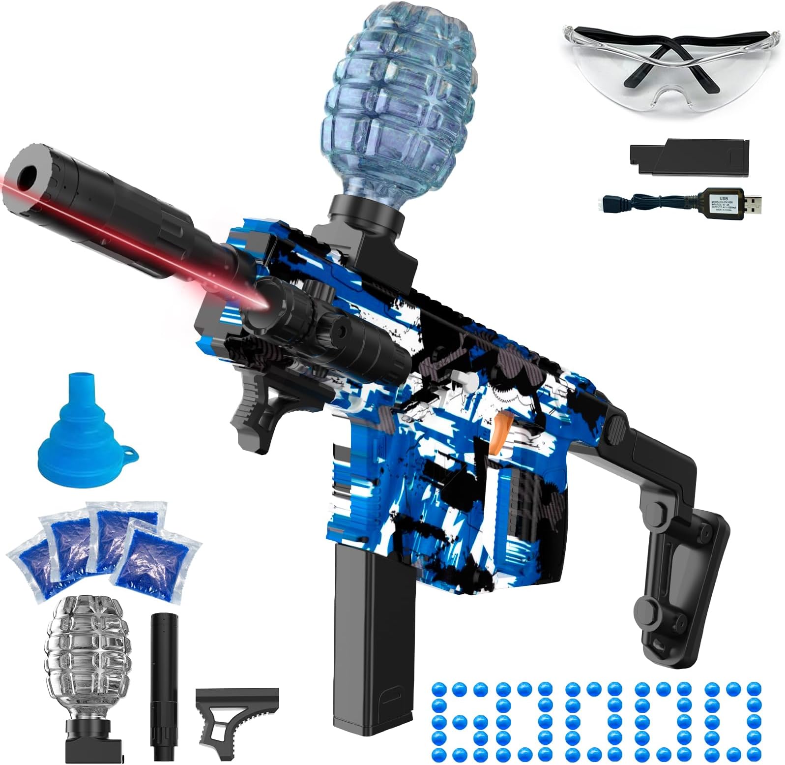 Electric Gel Ball Blaster, High Speed Automatic Splatter Ball Blaster with 60000+ and Goggles, Rechargeable Splatter Ball Toys for Outdoor Activities Shooting Game Party Favors-Blue