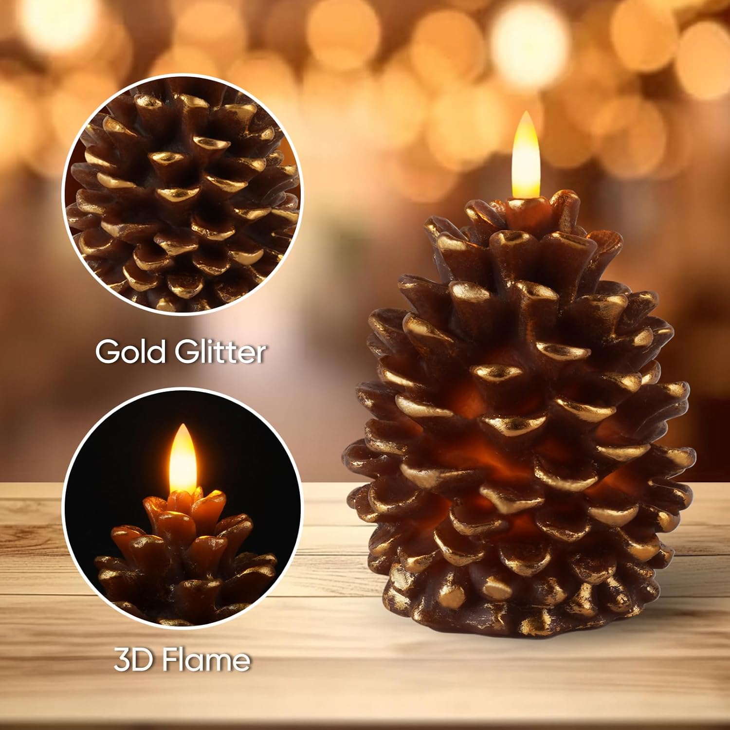 Homemory 2 Pcs Flameless Pine Cone Candle, LED Candles with 6H Timer, Real Wax Battery Operated Candles for Fireplace Decor, Holiday Indoor Decoration,Brown(D3.5 x H5.3 Inch)