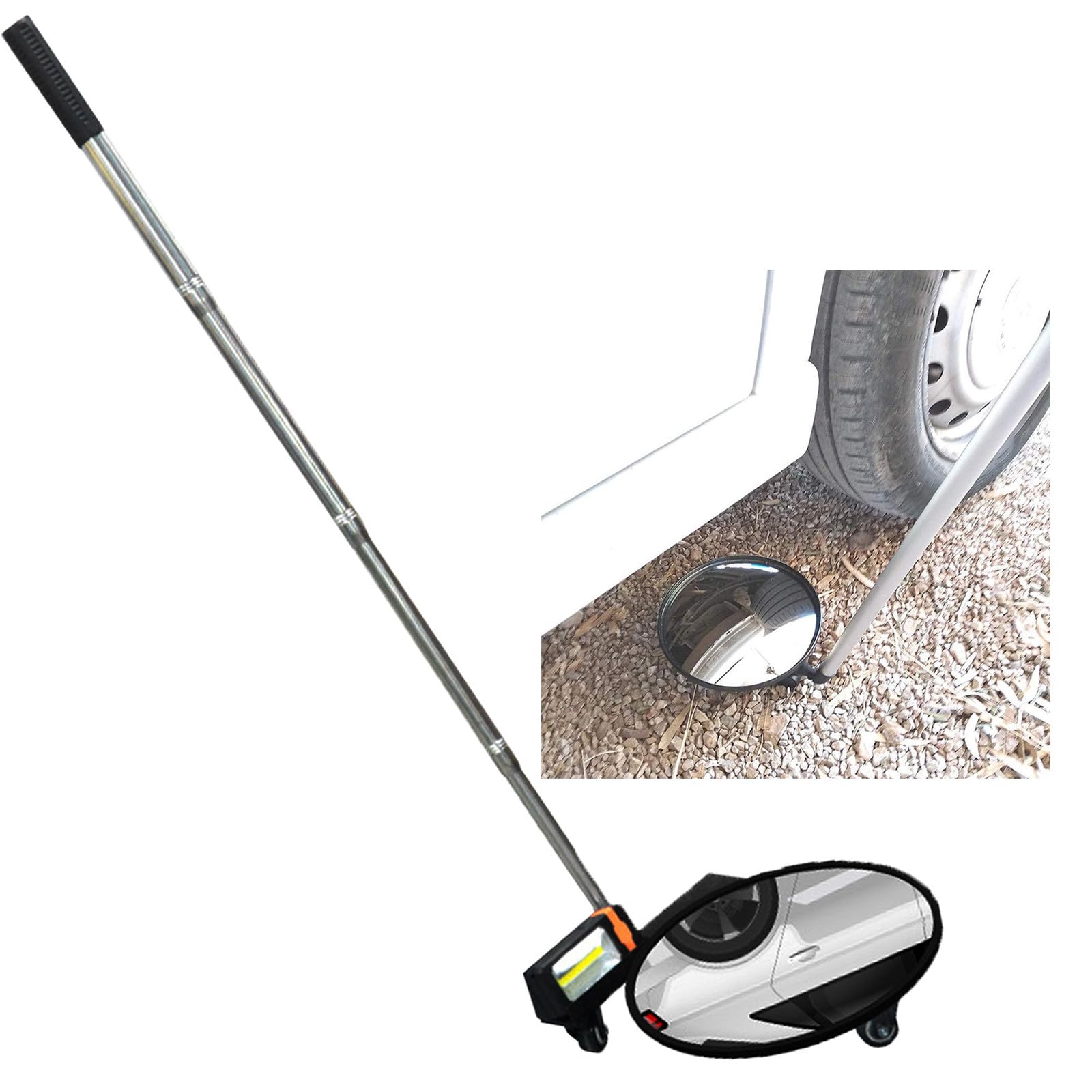 Miroir d'inspection télescopique - Miroir convexe 30 mm / Miroir d'inspection sous véhicule avec éclairage LED / Poulie universelle, Miroir d'inspection télescopique extensible de 47,5 à 114 cm, Noi