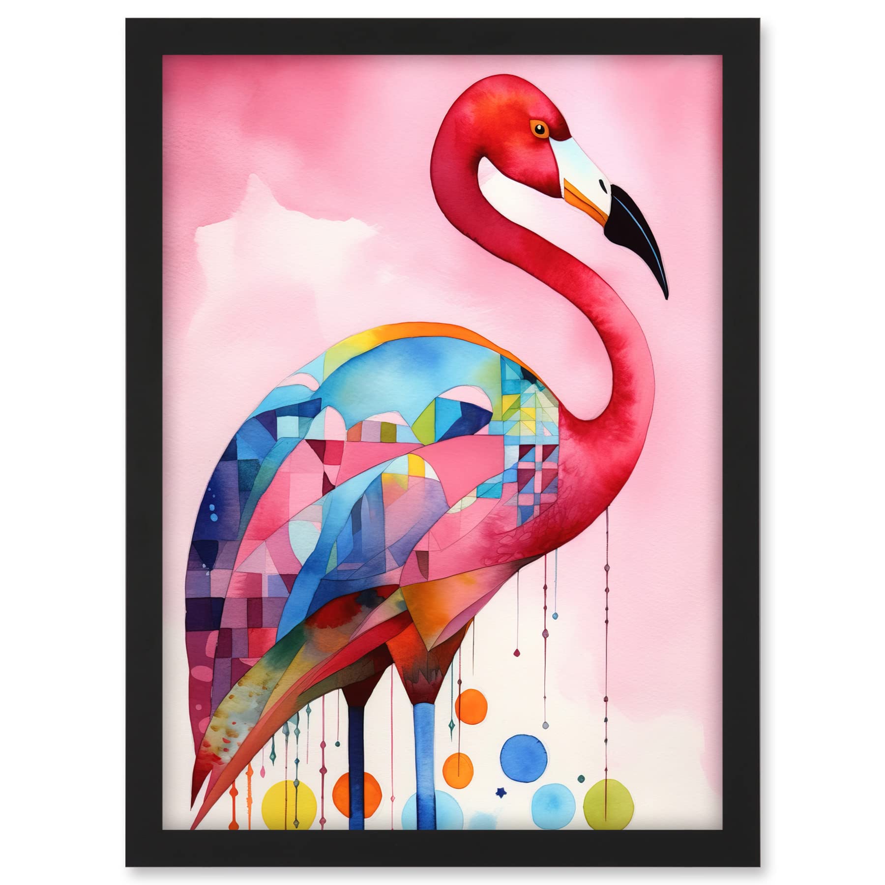 Artery8 Flamingo Bird Folk Art Watercolour Painting Artwork Framed A3 Wall Art Print