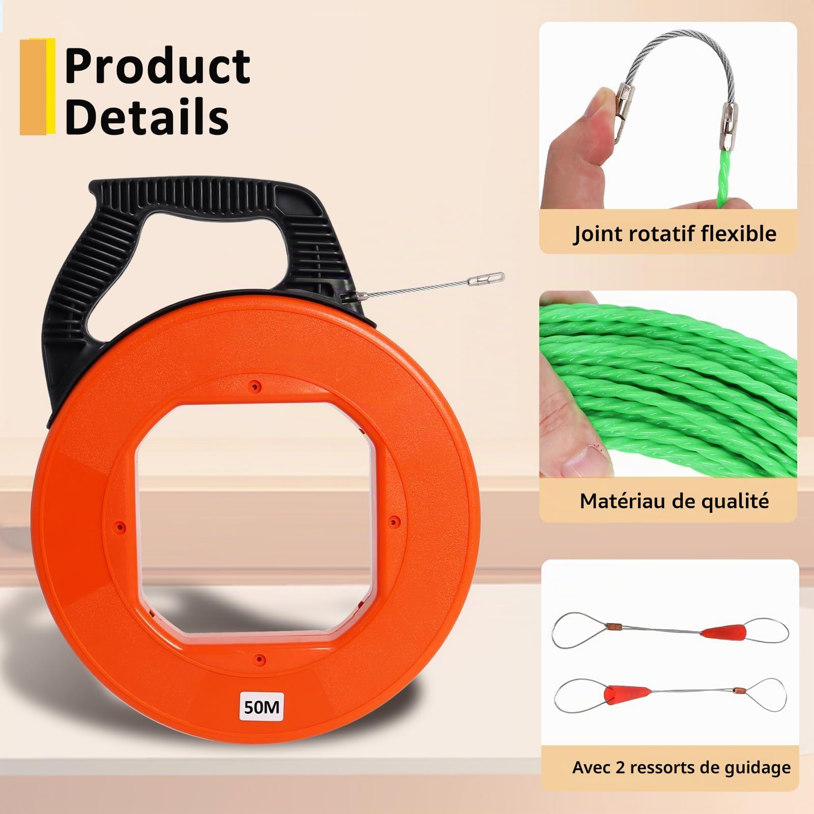 Gekufa Aiguille Electricien 50m, 4,5mm DiamèTre, tire cable avec boîtier et poignée en plastique, aiguille tire fil avec 2 ressorts de guidage, Aide à l'enfilage des câbles pour la pose de câbles