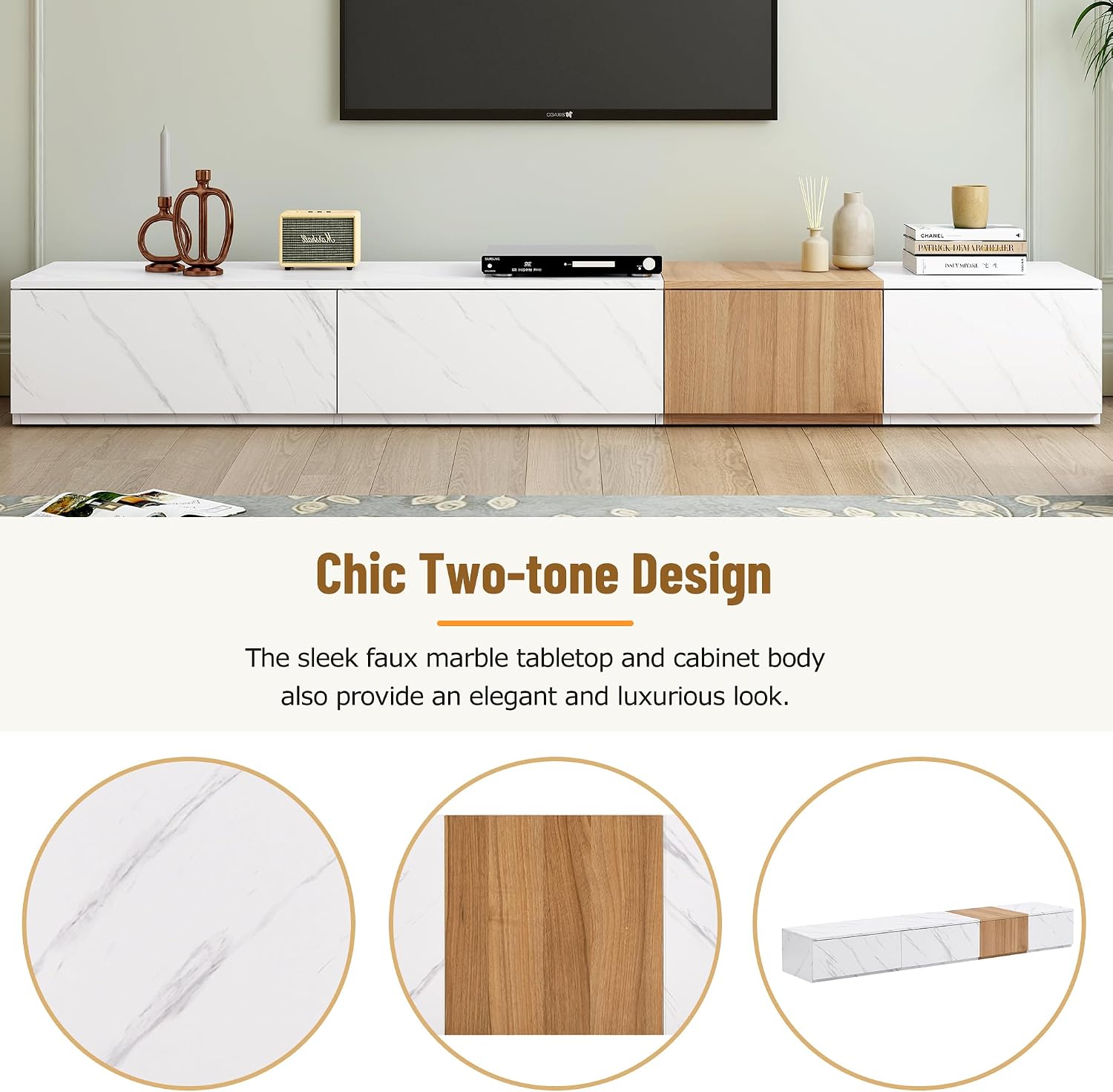 Merax TV Stand and Coffee Table with Faux Marble, Walnut Wood Grain Finish, Set of 2, Modern Entertainment Center for TVs up to 88'', Center Table with 2 Storage Drawers for Living Room, White