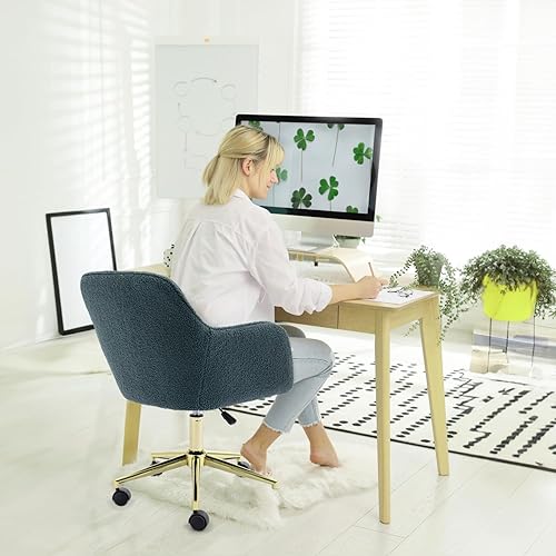 Miniatura 2 de Silla de oficina en casa de terciopelo, bonita silla giratoria de escritorio con ruedas, moderna silla de tocador ajustable con base dorada para