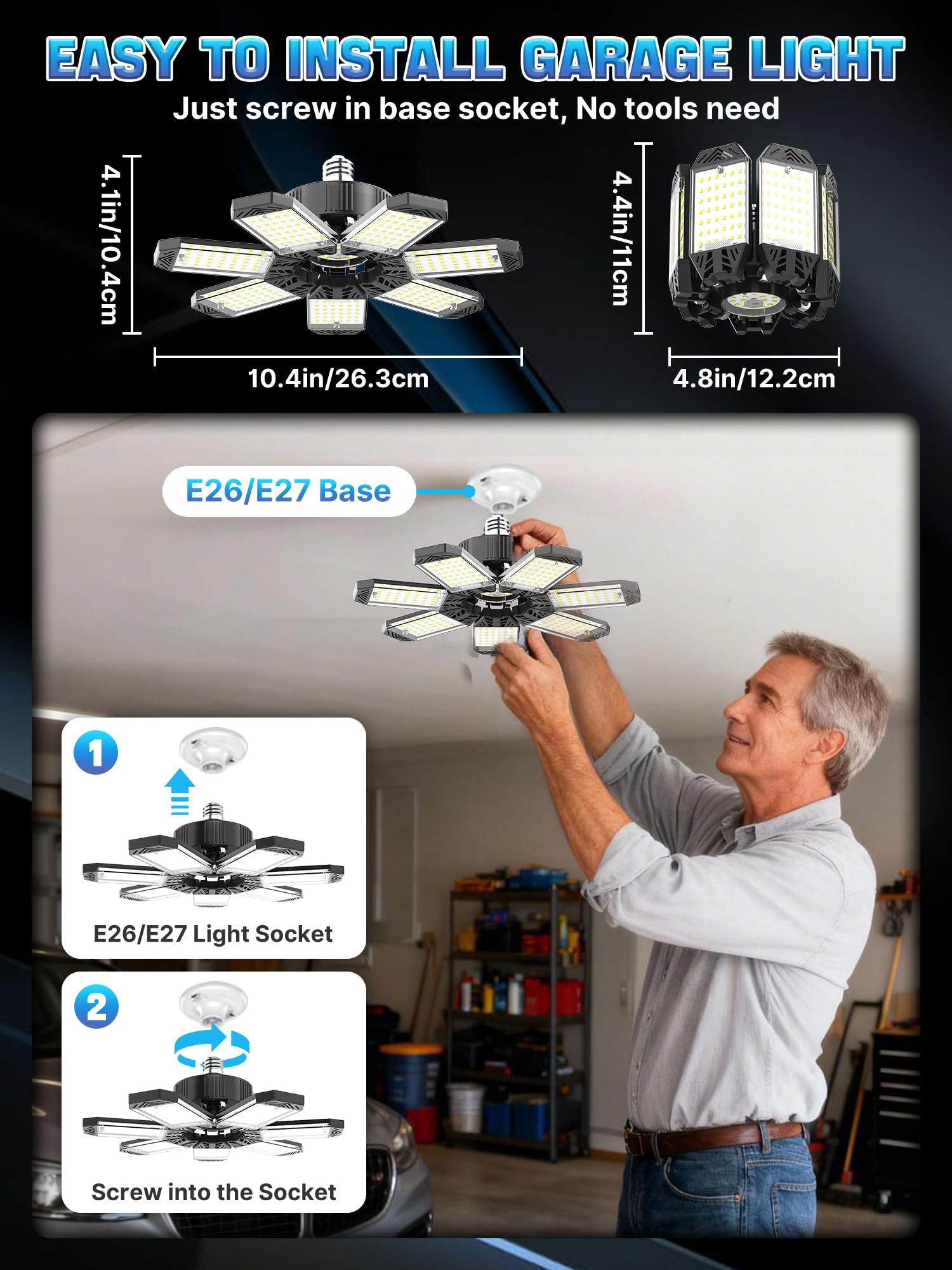 200W Eclairage Garage - 20000LM Puissant Plafonnier LED Garage à 7 Panneaux Ajustables, 6500K Lampe Atelier E26 / E27 Plafond pour Magasin, Entrepôt, Cave, Sous-sol, Grenier