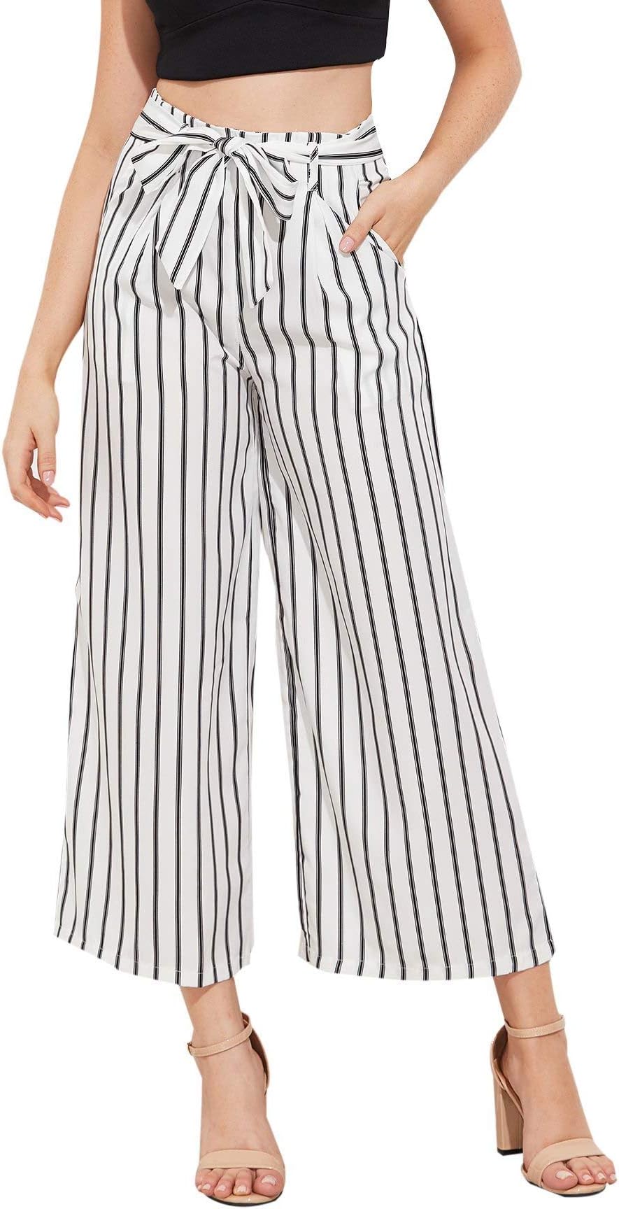 Jollymoda Women's Striped High Waisted Lounge Wide Leg Palazzo Pants Capris