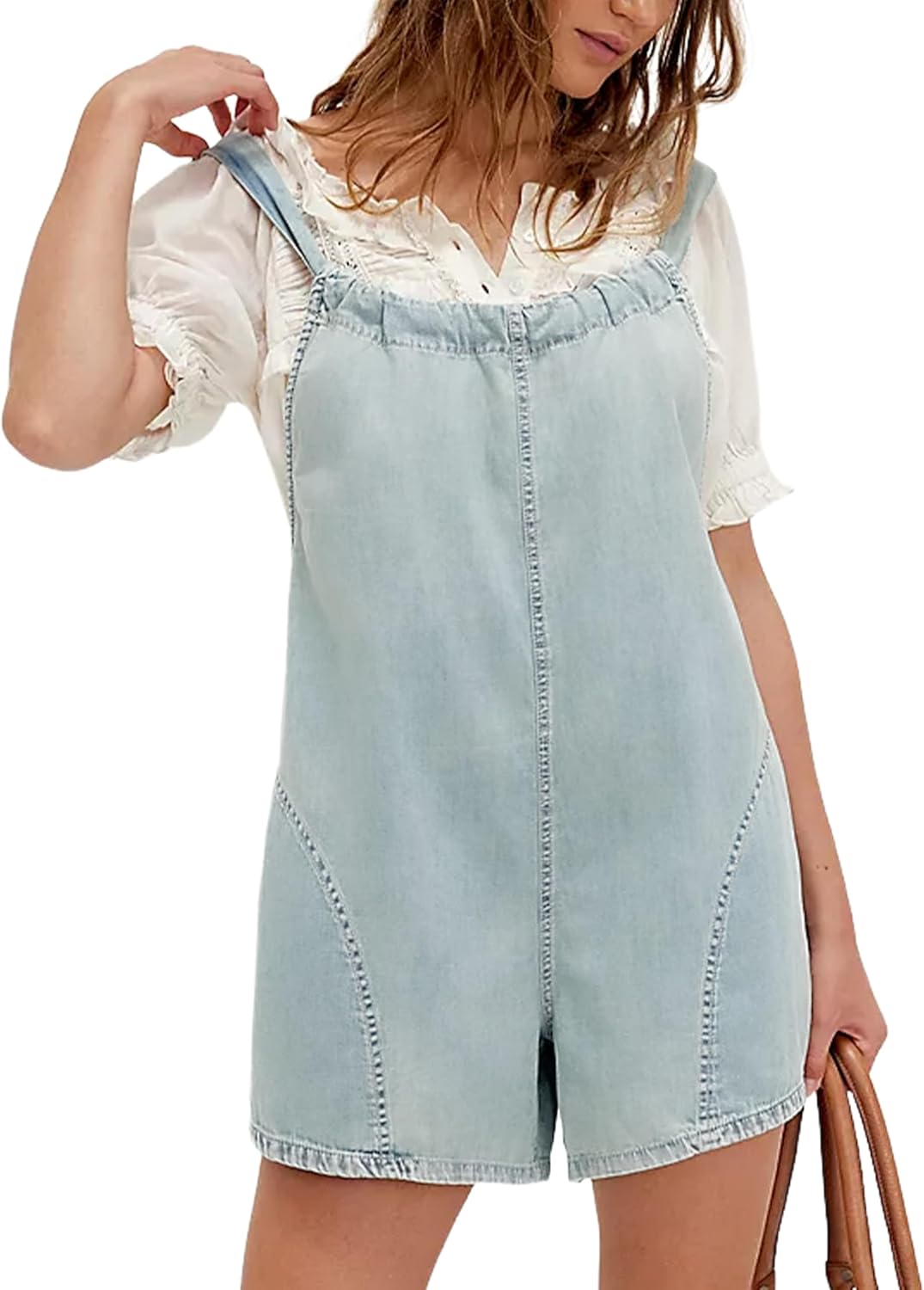 Women's Denim Romper Backless Loose Fit One-Piece Shorts Jumpsuit Adjustable Straps with Pockets