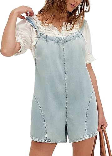 Aedceal Women's Denim Romper Backless Loose Fit One-Piece Shorts Jumpsuit Adjust