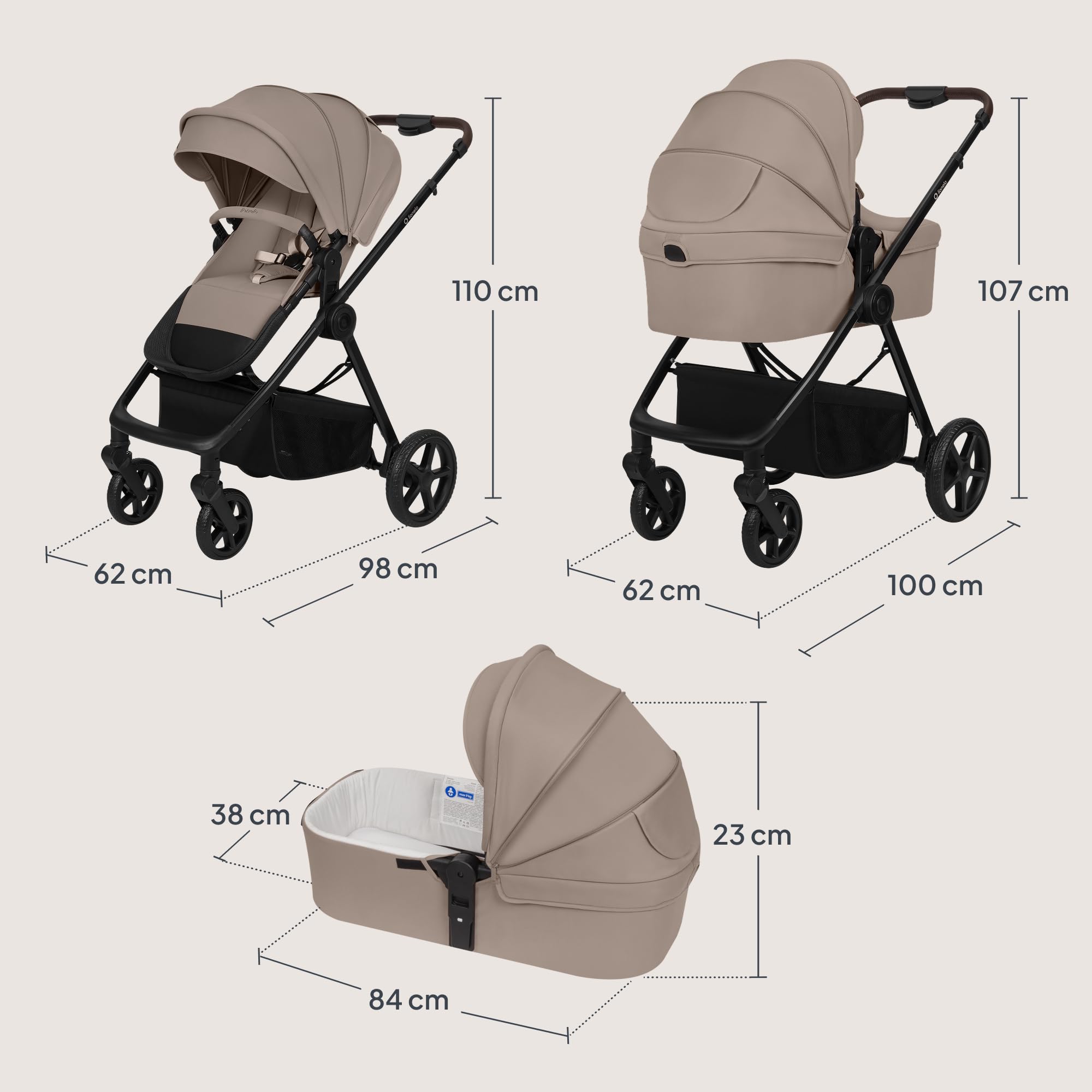 Lionelo Greet de Carrito Bebé 3 en 1 (0-4 años, 0-22 kg) | Capazo grande, Asiento Reversible, Estructura Ligera, Suspensión, Posición Reclinable, UPF50+