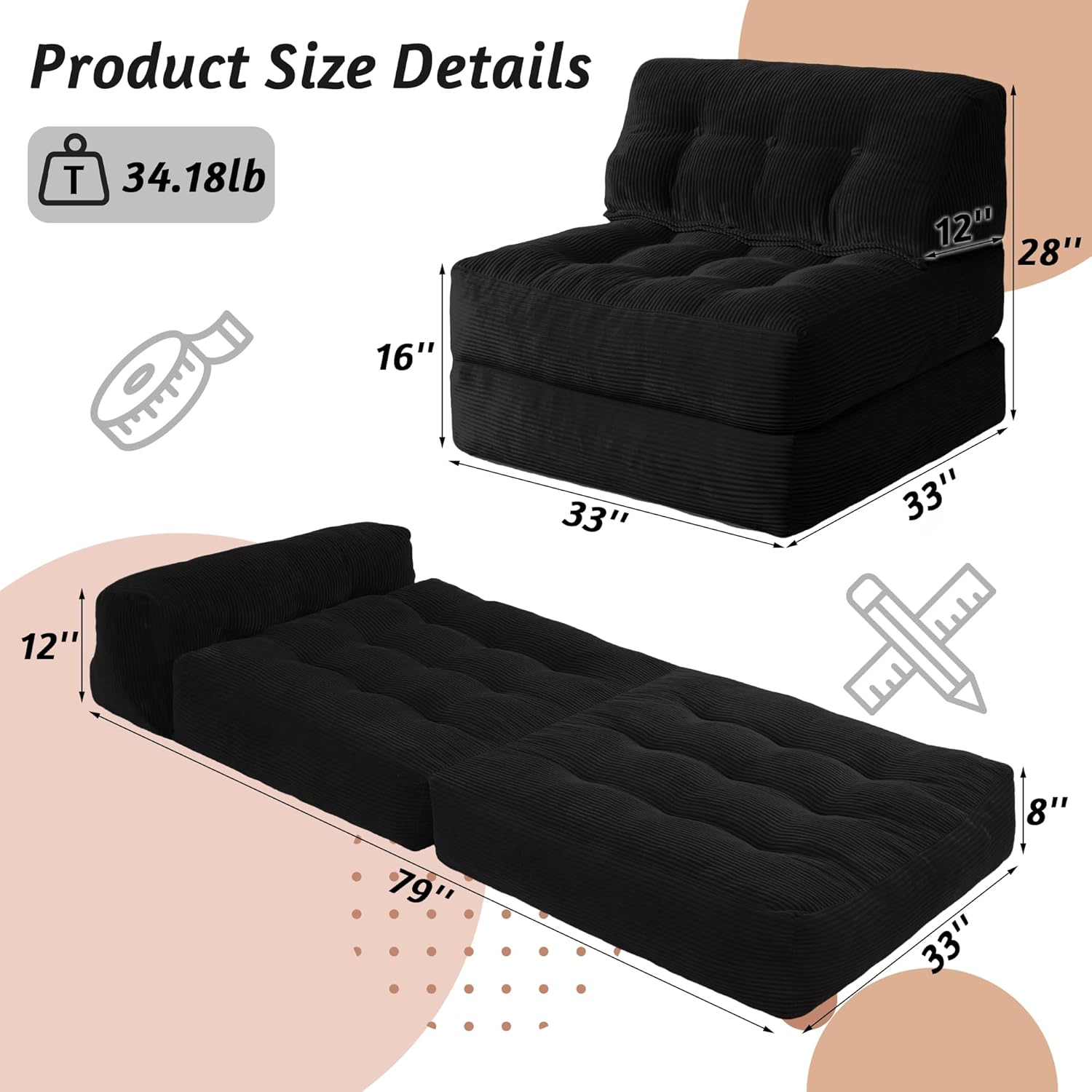 HABUTWAY Folding Sofa Bed, Convertible Sleeper Chair Bed with Pillow, Foldable Mattress with Back Support, Portable Single Couch Comfy Floor Sofa Lounge for Living Room, Bedroom, Office (Black) | 3 in 1 Design