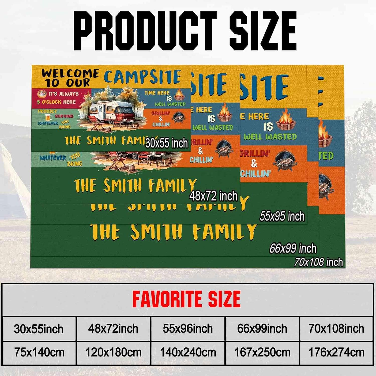 Personalized Camping Rugs Welcome to Our Campsite Campfire RV Trailer Decor Camper Floor Mat for Outdoors, Patio, Backyard, Picnic, Beach, Camping, 30 x 55 Inch Camping 6