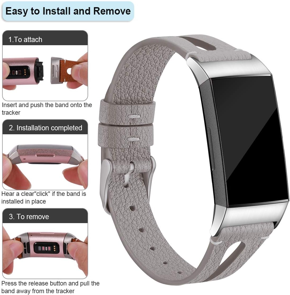 Maledan Bands Compatible for Charge 4 and Charge 3/Charge 3 SE Fitness Activity Tracker, Slim Genuine Leather Band Replacement Accessories Strap for Women Men, Large, Gray