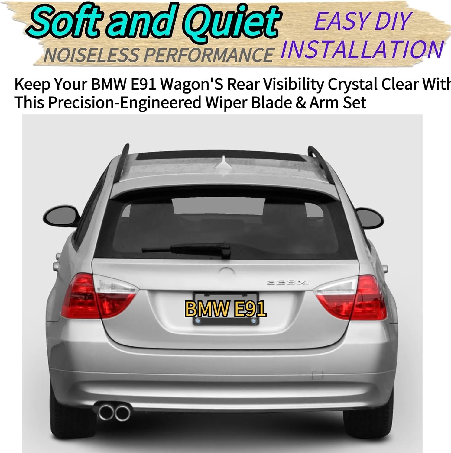 Rear Wiper Blade & Arm Replacement for BMW E91 Wagon 2007-2012 2011 2010 2009 2008 328i 328xi 328i xDrive Base Trims Rear Back Windshield Wiper Blade Set
