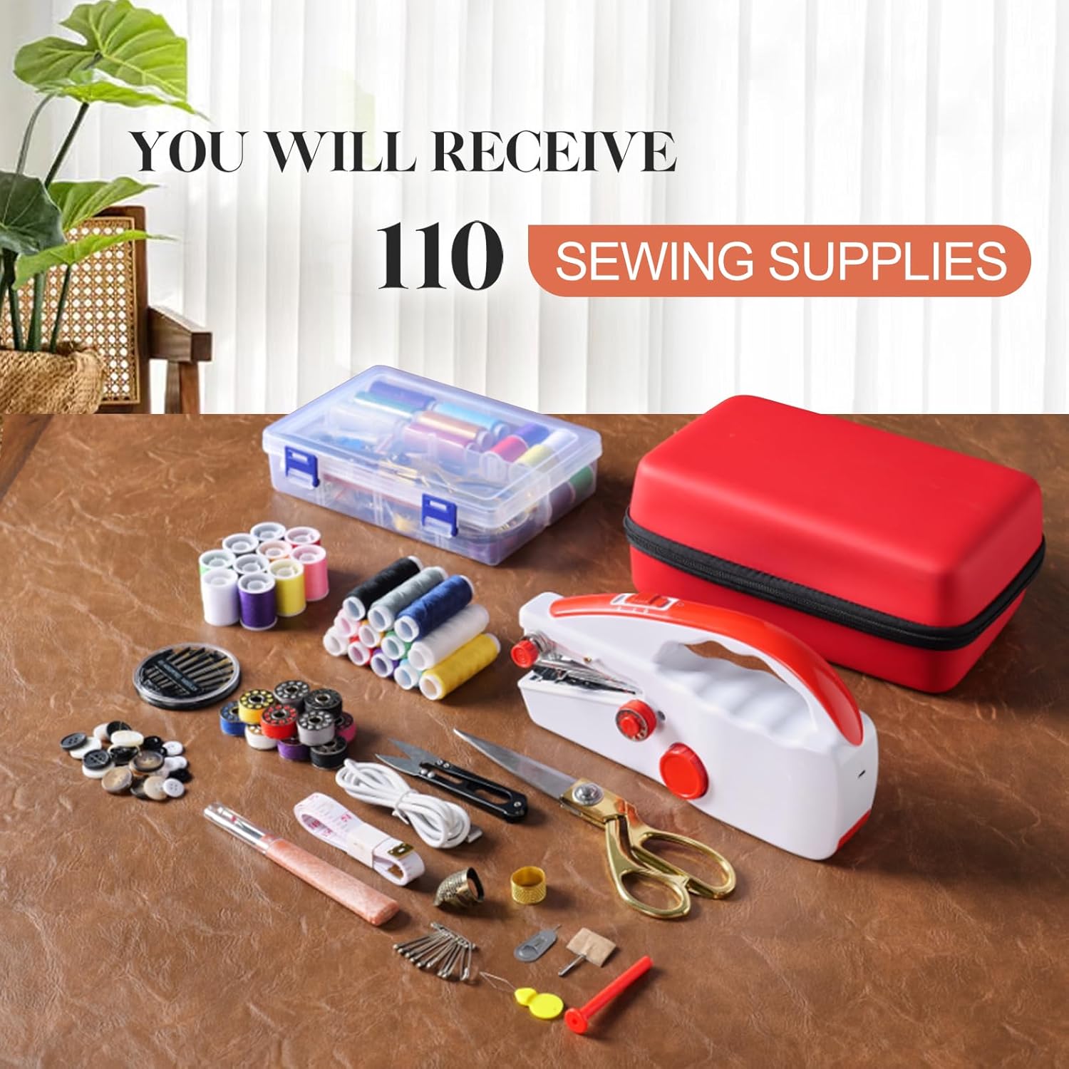 Handheld Sewing Machine Heavy Duty, with Red Leather Storage Case and 110-Piece Sewing Kit, Mini Portable, Ideal for Adults & Beginners, Complete Set of Quick Home Clothing Repair Tools, Good Gift