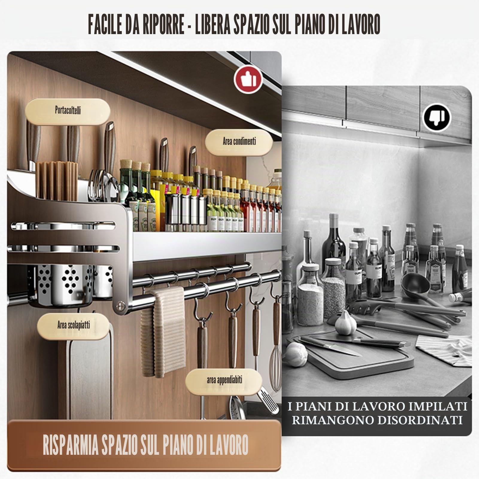 Generico Portacoltelli e portaspezie - Portautensili da Parete in Acciaio Inox 304 con ripiano per spezie per Una Facile organizzazione della Cucina