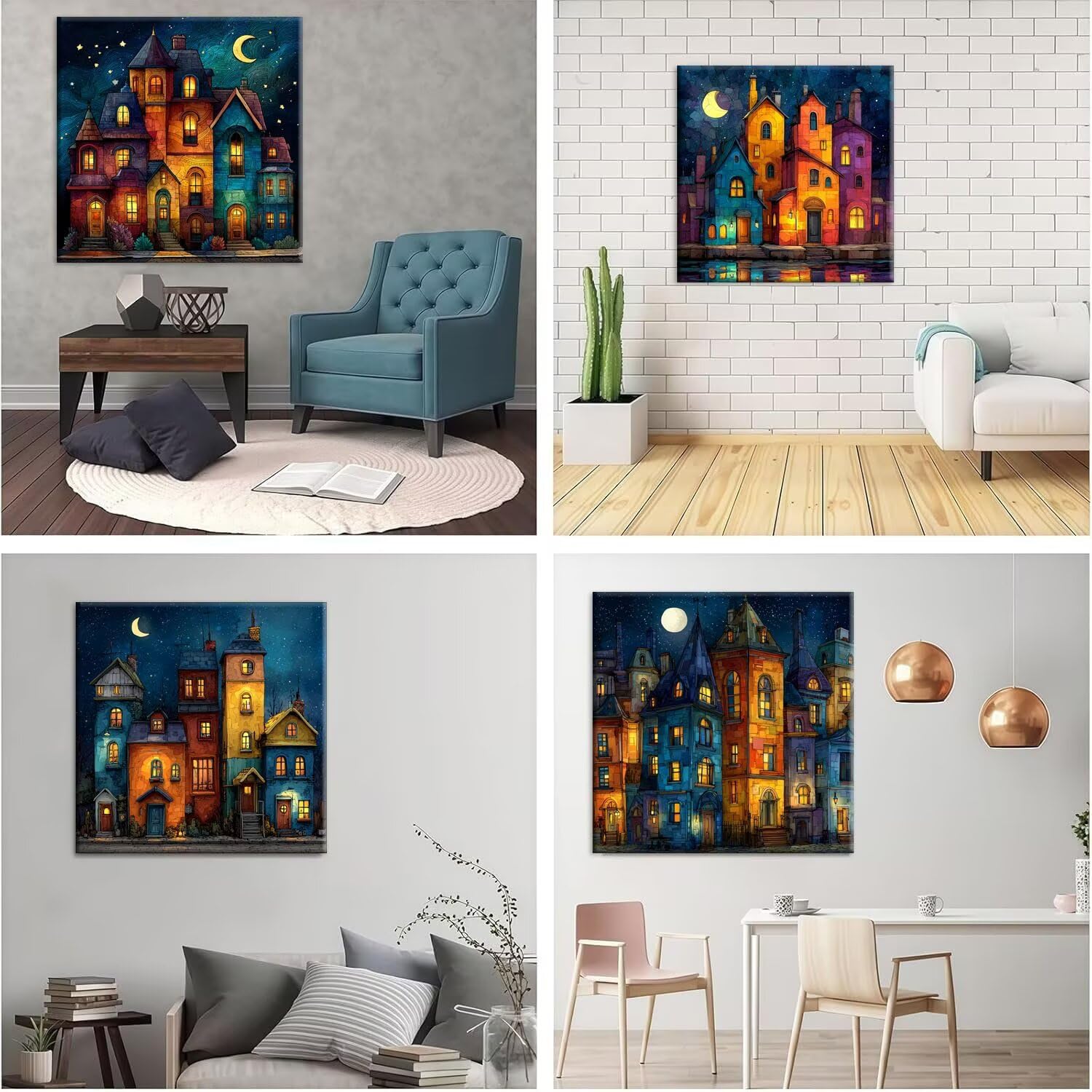 Vista nocturna del pueblo 5D Kits de Pintura de Diamantes 70x70cm G-859 | 5D DIY Diamond Painting Kit Completo 4 Pack, Pintura Diamante Niños Adultos Diamant Bordado Punto de Cruz para Decor Hogar