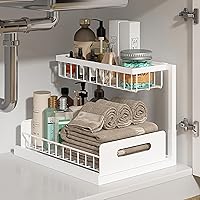 REALINN 2-Tier Pull Out Under Sink Organizer - Sliding Cabinet Shelf for Kitchen Bathroom Storage, Heavy Duty White