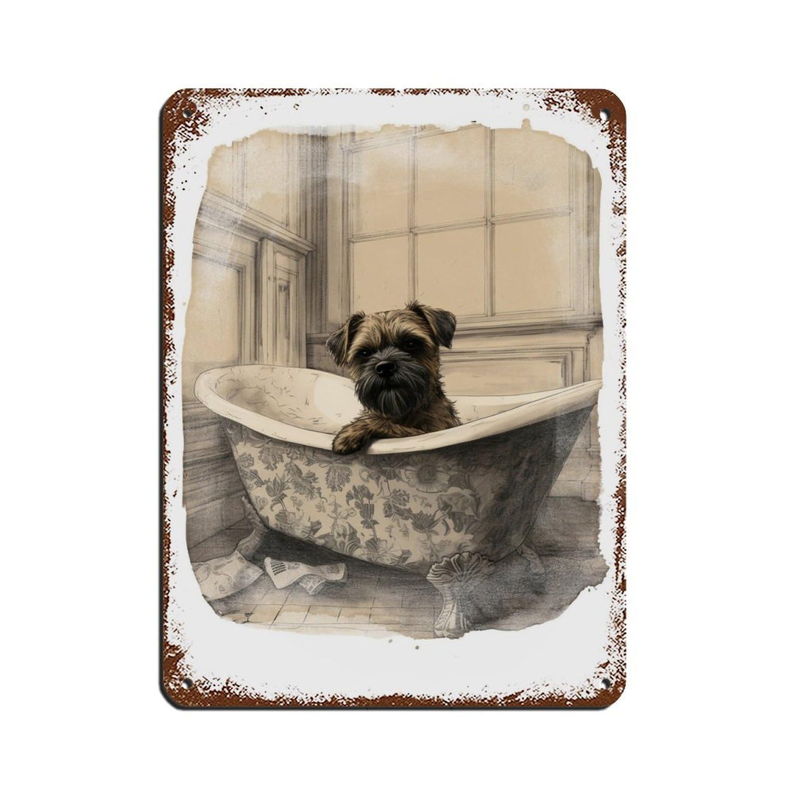 Border Terrier in Bath, Bathroom Art Tin Sign Vintage Metal Pub Club Cafe Bar Home Wall Art Decoration Poster Retro 12x16inch(30x40cm)