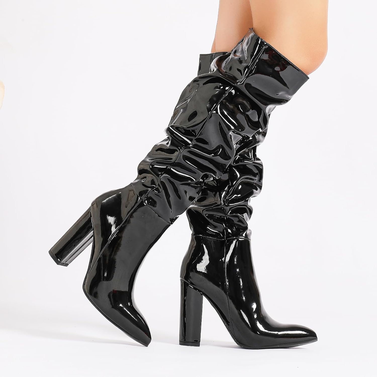 GATUXUS Women's Patent Leather Knee High Boots Chunky Heels Sexy Pointed Toe Pull Up Slouched Long Boots Shoes