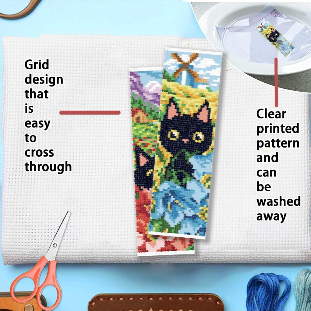 FREEBLOSS 6 Set Cross Stitch Bookmark Kit 11CT DIY Cross Stitch Kits Black Cat Pattern Stamped Embroidery Kit with Instructions Bookmark Making Set for Adult Beginners 8x2.4inch image 3