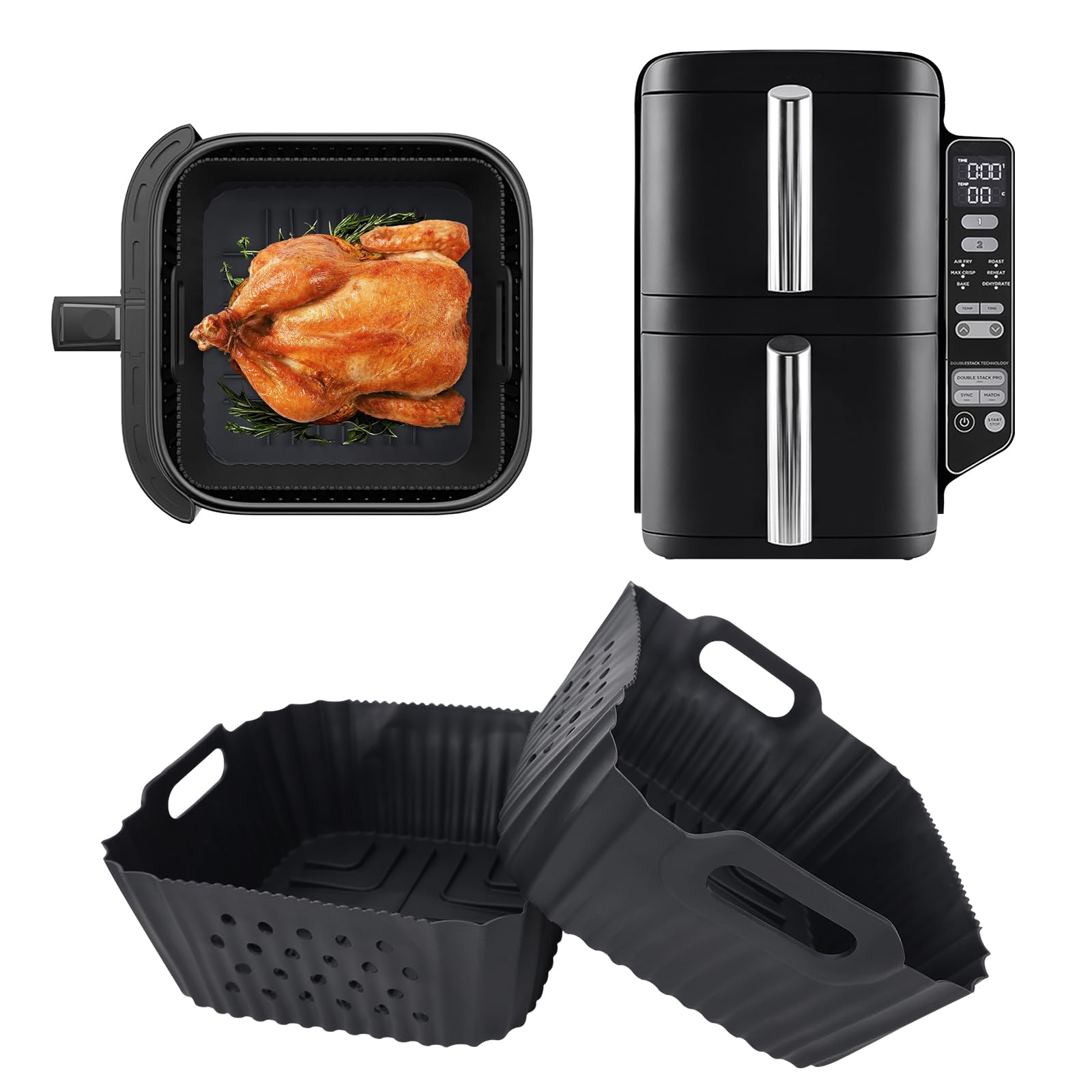 2 Stück Extra Hohe Silikonform Heißluftfritteuse für Ninja Double Stack 2-ebenen Heißluftfritteuse 7,6 l - Sl300eu, Airfryer Zubehör Silikon Einsätze für Ninja Sl300eu Doppelkorb-Heißluftfritteuse