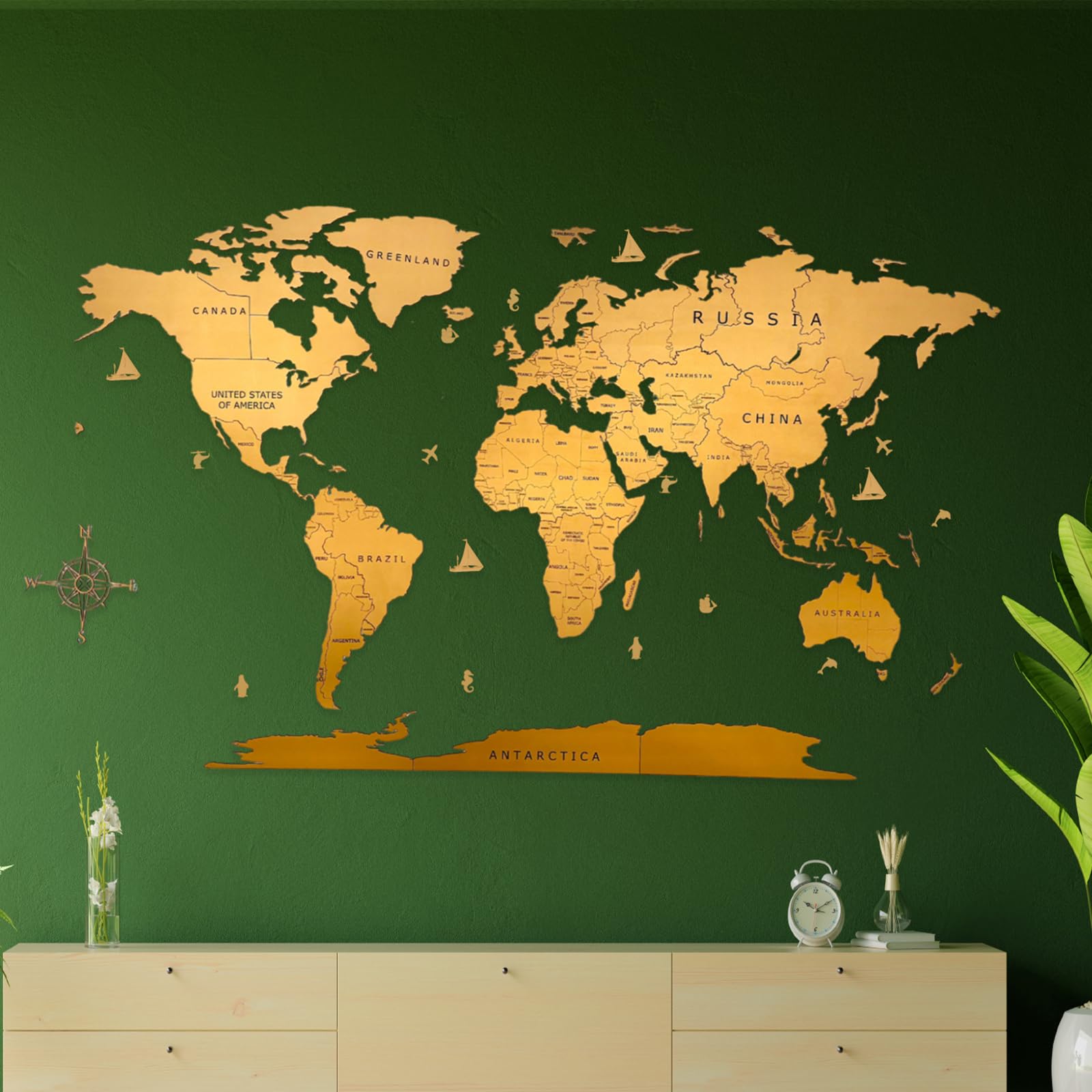 WOODECAL Wooden 3D World Map | Wooden World Map For Wall | Office Decor | Premiere Home Decor Art | Wall Hanging | Office Wood Decal | Perfect for Home and Wall | Decor for Travel Enthusiasts | Metallic Teak Brown Color (XXL (254x185 CM))