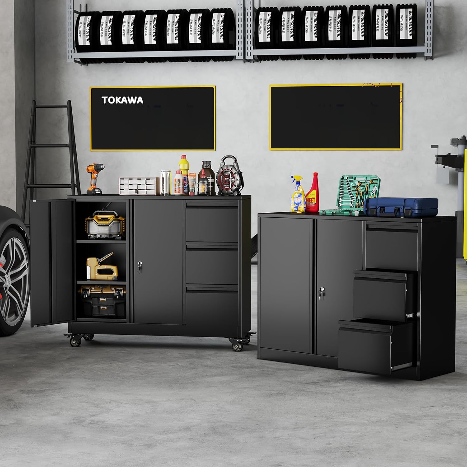 Tokawa 3 Drawer Metal File Cabinet with Wheels, Lockable Mobile Lateral Filing Cabinet for Home Office, Unique Gooseneck Edge Design, Fits Letter/A4/Legal Size, Under Desk Storage Cabinet, Black