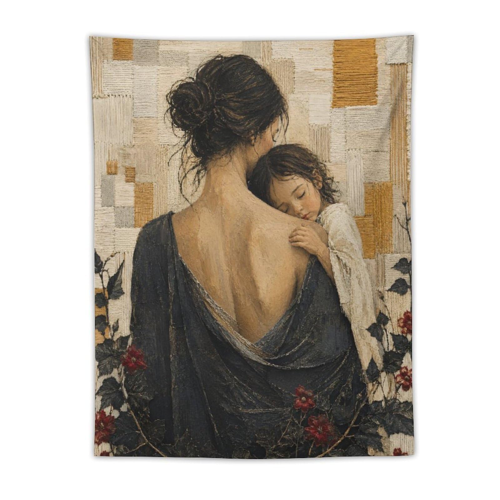 W7C8U2X3 Mother and Child Back View Wall Tapestry, Ceiling Hanging