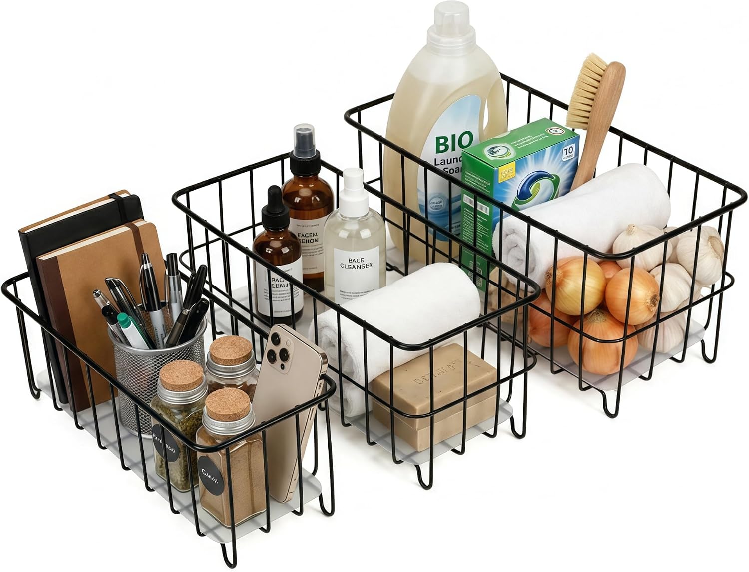 TIEYIPIN Farmhouse Decor Small Metal Wire Storage Organizer Basket Bins - Black (Set of 3), Black(Style 2), T-018