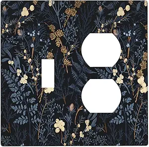 Decorative Outlet Covers Rustic Navy Dark Blue Leaves Golden Floral 2 Gang Outlet Cover Wall Plate Single Toggle Duplex Light Switch Cover Plate Switch Plate Covers for Bedroom Decor