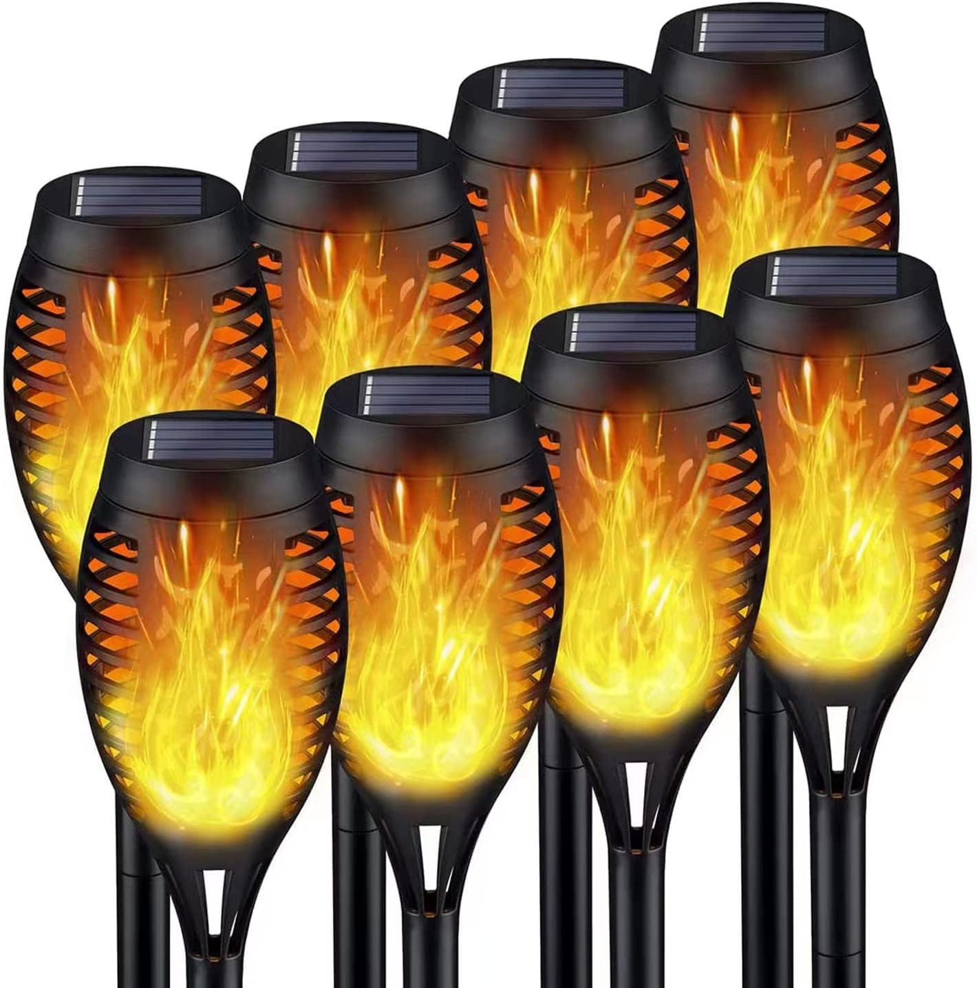 YUEWO Solar Outdoor Lights, 8pcs Solar Tiki Torces with Flickering Flame Halloween Solar Garden Lights Decorations for Christmas Party (Orange)