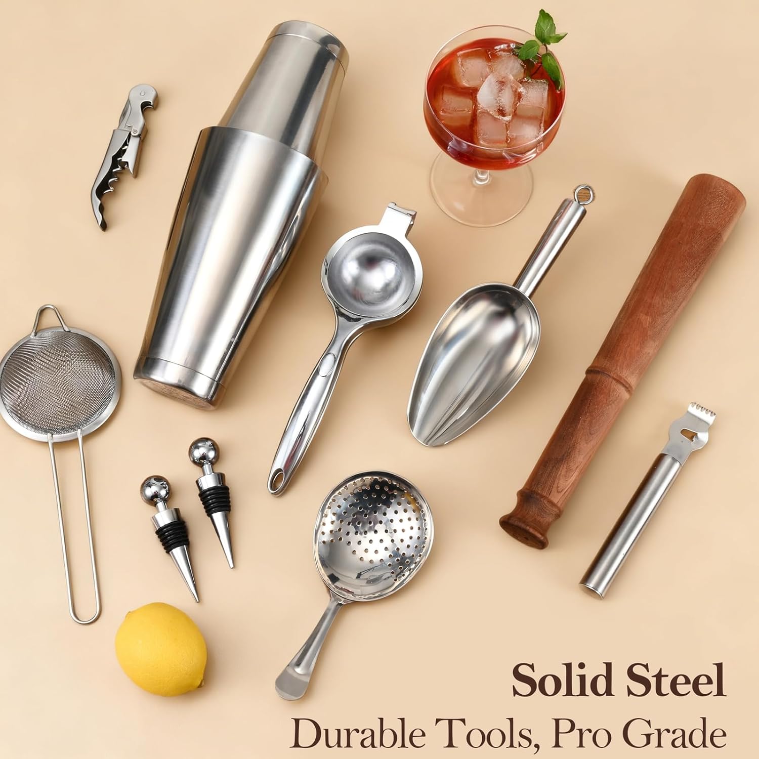 33-Piece Professional Bartender Kit with Weighted Boston Shaker – High End Mixology Set for Home Bar – Stainless Steel Barware Tool Set Unbreakable Citrus Squeezer, Ice Scoop & Mixing Glass