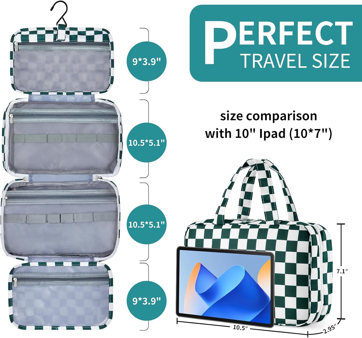 Personalized Travel Hanging Toiletry Makeup Bag Green Checkerboard L image 2