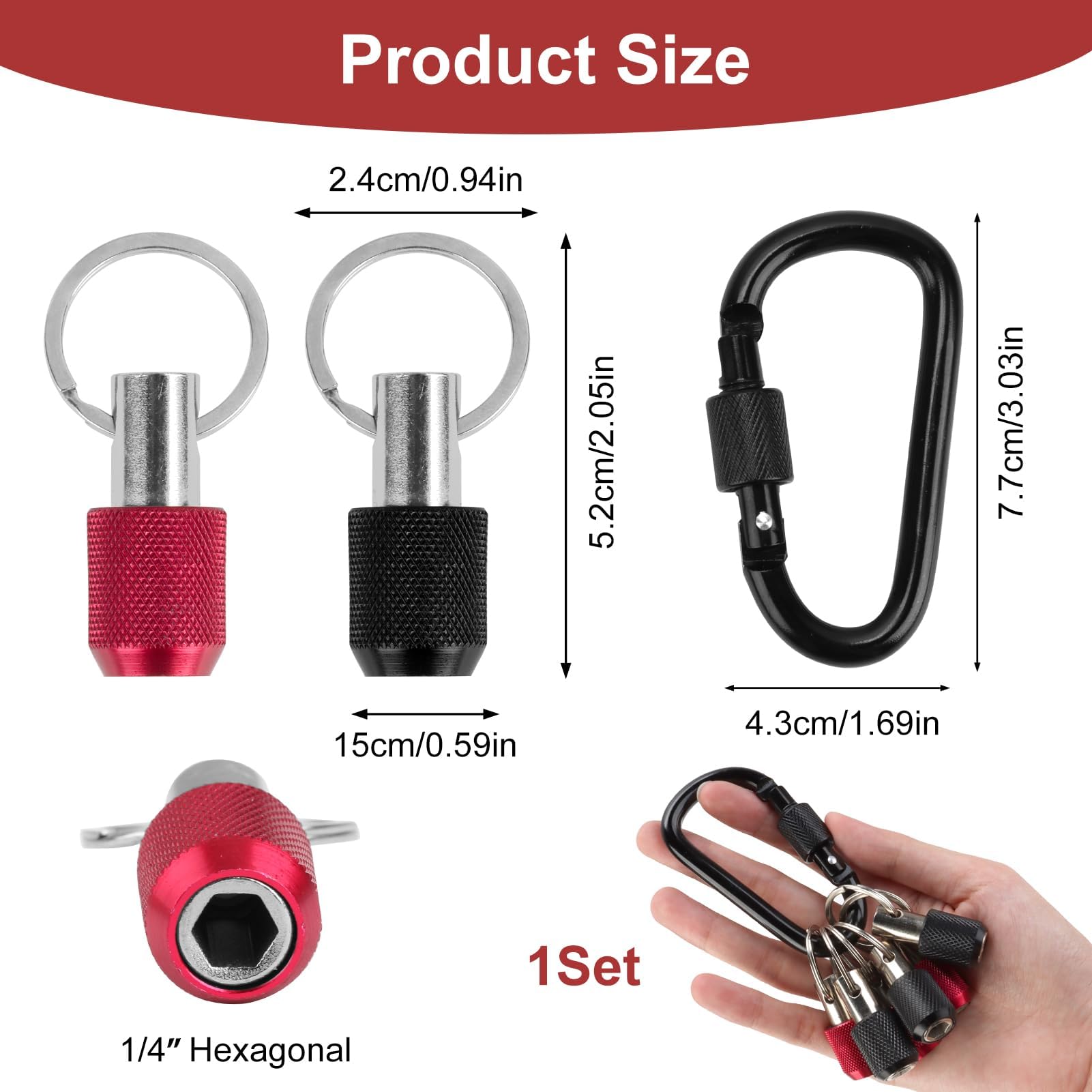 6Pcs Drill Bit Holder Keychain 1/4 Inch Hex Shank Screwdriver Bits Holder Quick Release Drill Extension Tools for Nut Driver Screwdriver Screw Drill Bits with Keychain Carabiner (3 Black 3 Red) - Image 3