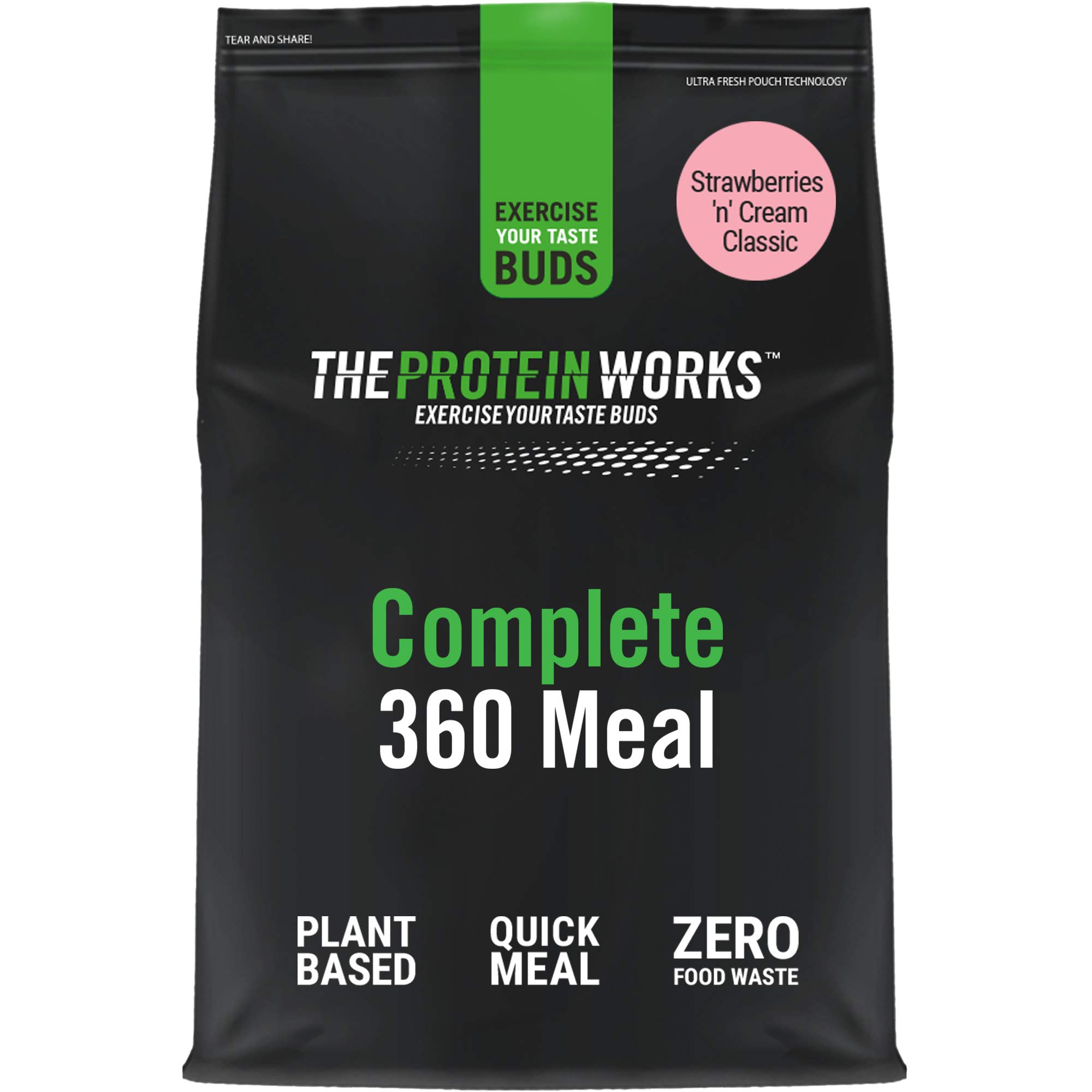 Protein Works - Vegan Complete 360 Meal Shake, 100% Vegan Meal Replacement Powder, Complete Meal, Plant Based Meal Shake, 10 Meals, Strawberries 'n' Cream Classic, 1kg