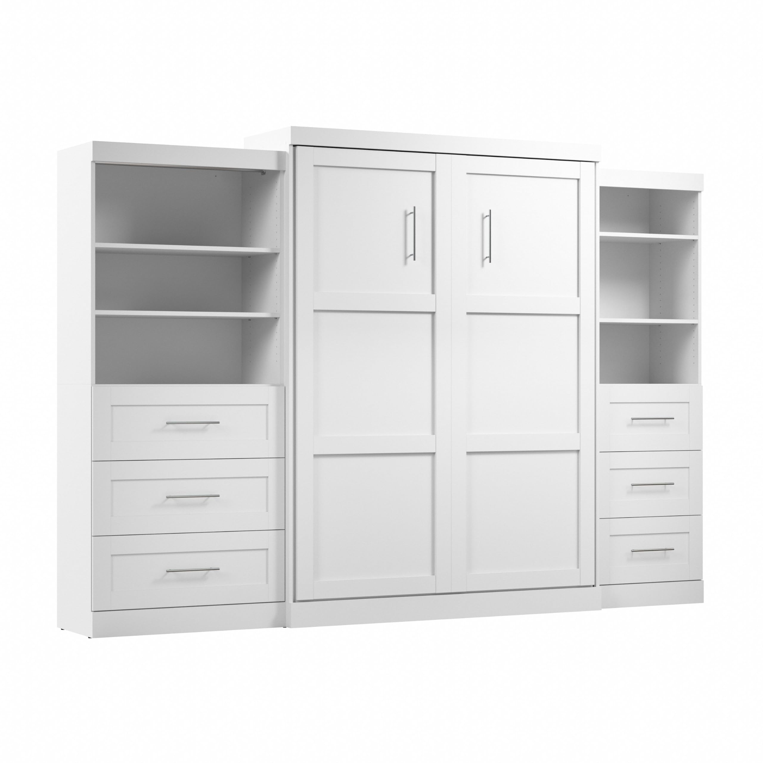 Queen Murphy Bed and 2 Shelving Units with Drawers by Bestar – Queen, Engineered Wood, Linen White Oak, Model 26879-17