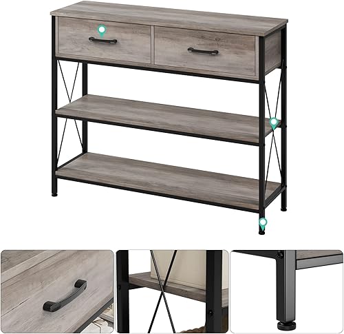 Miniatura 44 de HITHOS Mesa consola industrial con cajones, mesa de vestíbulo vintage con estantes de almacenamiento, mesa de entrada estrecha y larga para sala de